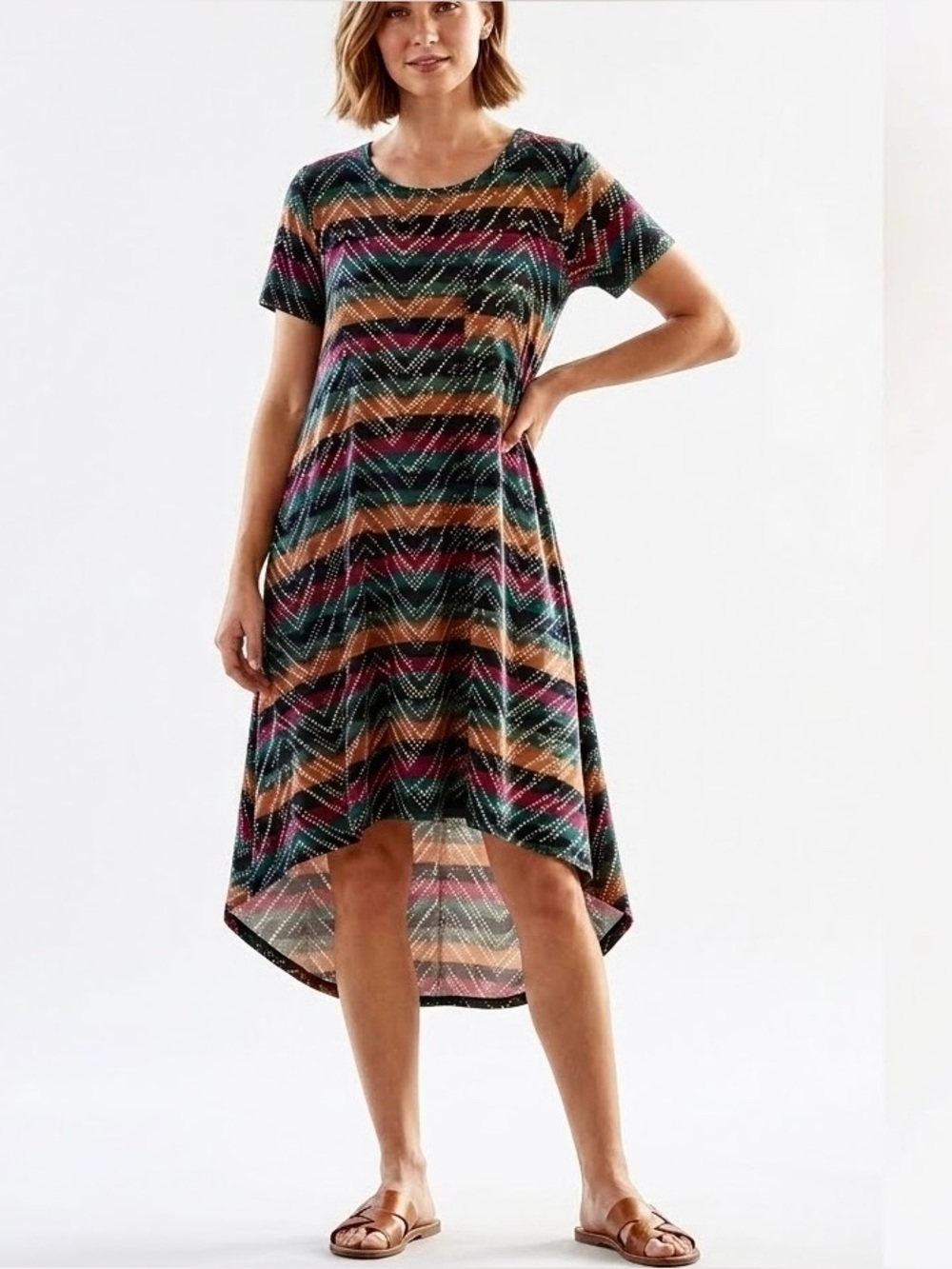 LulaRoe Carly Dress High Low Flowy Multicolor Printed Stretchy Knit Midi Size M